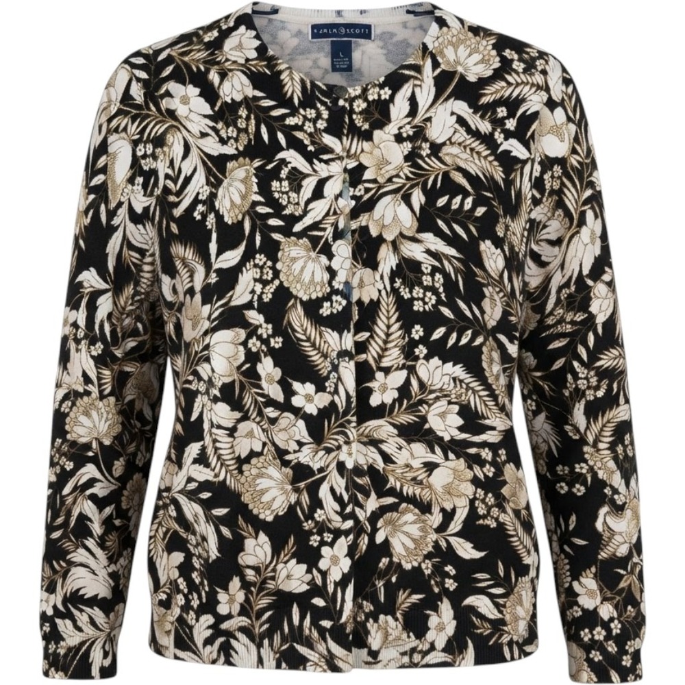Karen Scott Cardigan Women Large Black Floral Excellent Cotton Button Front